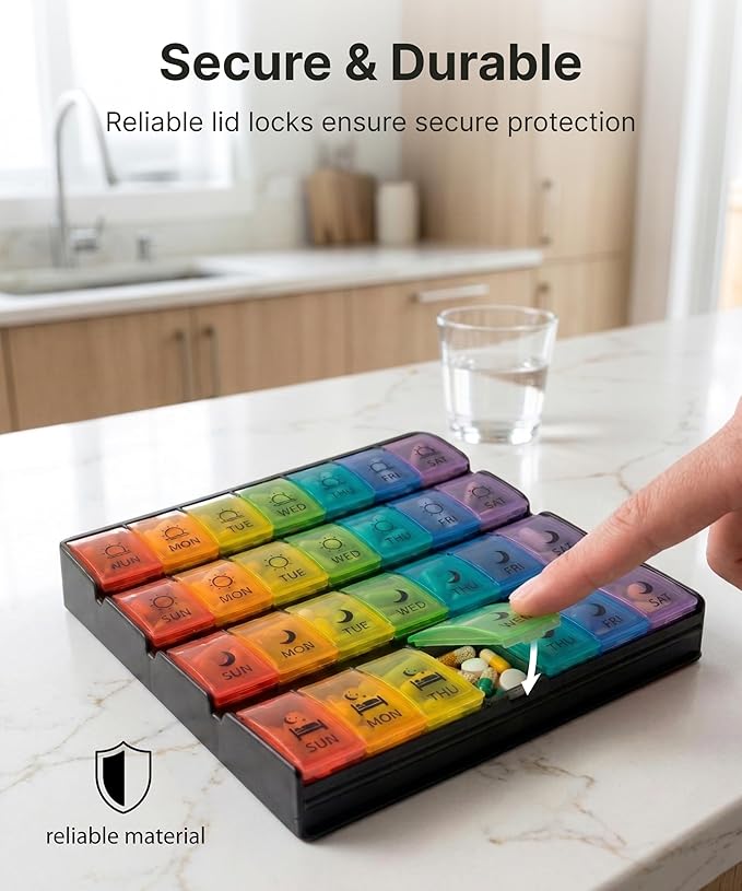 Weekly Pill Organizer 4 Times a Day – Monthly Medication Organizer with Quick-Fill Bottom Opening for Fast Refill, 7 Day Morning Noon Evening Night Pill Box, 28 Large Compartments for Daily Medicine