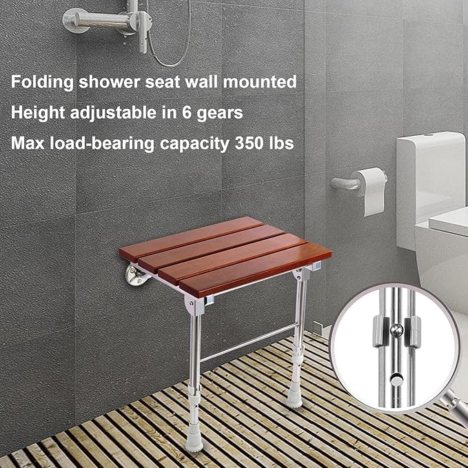Folding Shower Seat Wall Mounted with Legs, Foldable Shower Chair for Inside Shower, Fold Down Shower Bench for Seniors (Wood, Height Adjustable)
