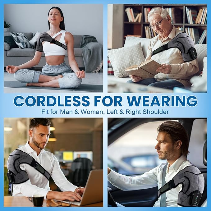 Cordless Shoulder Heating Pad with Massage, Electric Heated Shoulder Wrap with 3 Vibration & 3 Heat, Heating Pads for Rotator Cuff and Frozen Pain Relief,5000mAh Chargeable Powered,Men&Women