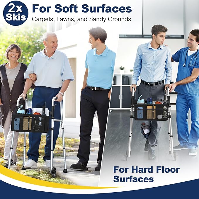 Folding Walkers for Seniors with Basket and Glide Skis, 5" Wheels Lightweight Rolling Walker, Support Up to 350 lbs, Height Adjustable Standard Compact Walker, Silver