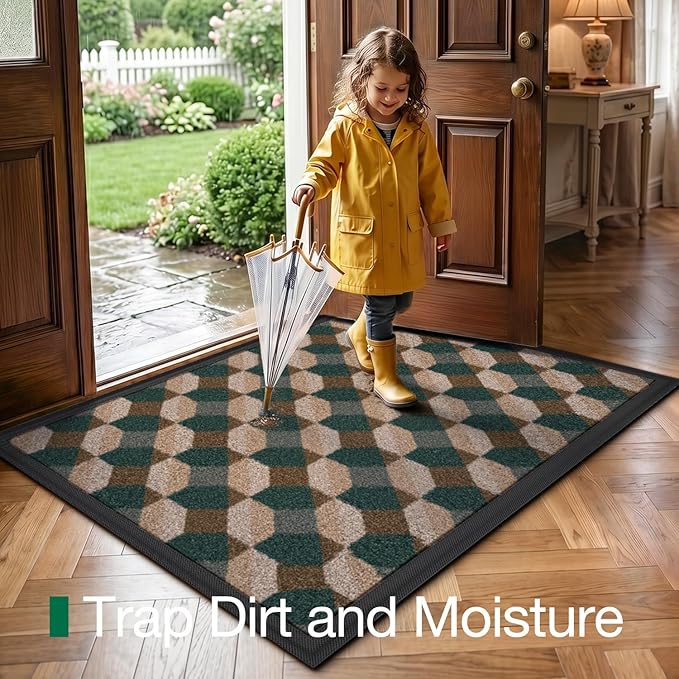 LUMI Front Door Mat 17x30, Low-Profile Non-Slip Welcome Mat for Indoor Outdoor, Stain & Fade Resistant Geometric Door Mat for Entryway Patio Porch, Geo-Olive