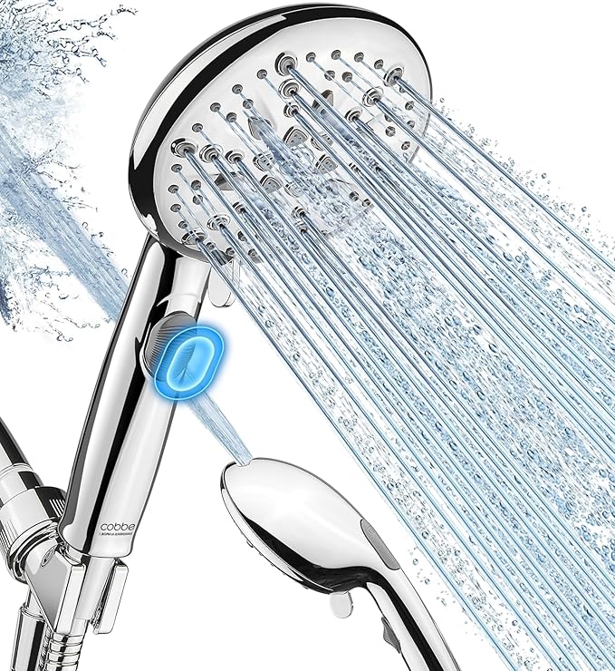 Cobbe 9-Function Shower Head with Built-in Power Spray, 1.8 GPM Water Saving ON/OFF Toggle Switch, High Pressure Handheld Showerhead with 1-Click Pause Button, Brass Bracket & 6ft Hose, Chrome