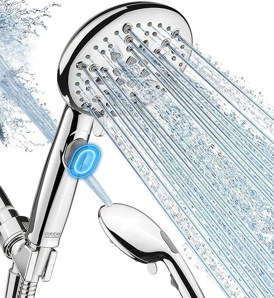 Cobbe 9-Function Shower Head with Built-in Power Spray, 1.8 GPM Water Saving ON/OFF Toggle Switch, High Pressure Handheld Showerhead with 1-Click Pause Button, Brass Bracket & 6ft Hose, Chrome