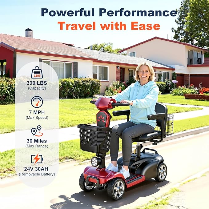 15/25/30/50Miles Eldryvon 4 Wheels Electric Mobility Scooter for Seniors, Dual Basket, 350W Powered Wheelchair with Rotating Seat, Foldable Motorized Scooter for Adults (Red, 30Miles)
