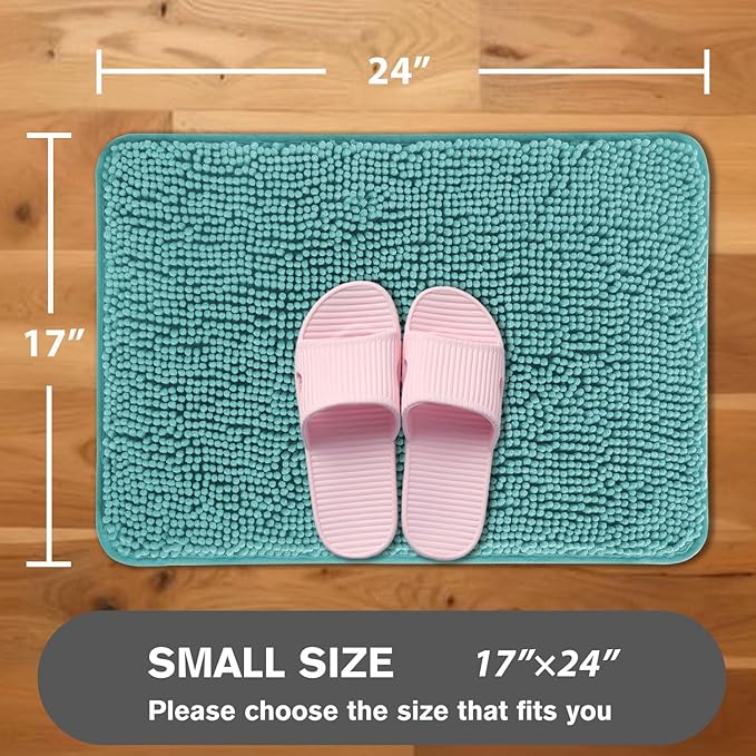 Teal Bathroom Rugs – Absorbent and Washable Bath Mat, Non-Slip, Thick Soft Chenille Bath Rugs for Bathroom Floor, Shower, Sink - 17" x 24"