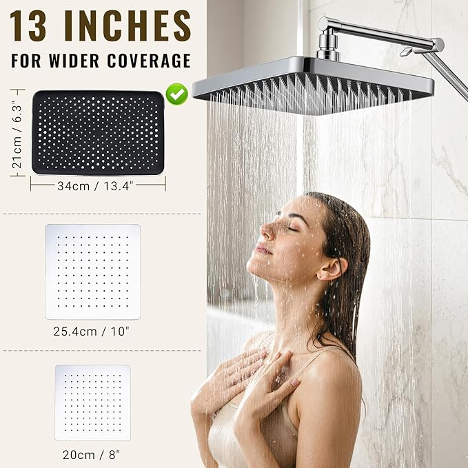 13-Inch Shower Heads with Multi-Function Handheld Sprayer Combo, 3-Way Metal Extended Diverter with Holder and Metal Adjustable Shower Extension Arm, Extra Long Hose(Chrome)