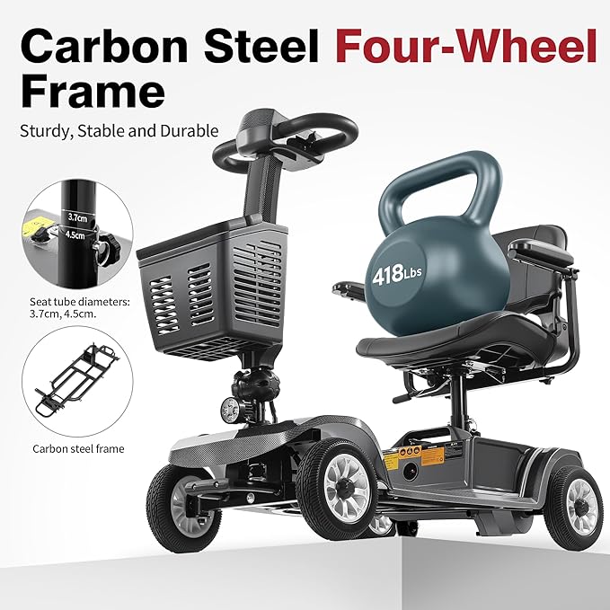 Easy-to-Operate Mobility Scooter for Seniors, 418 lb Weight Capacity, 20KM Long Range, 5-Step Quick Assembly & Folding, FDA Registered