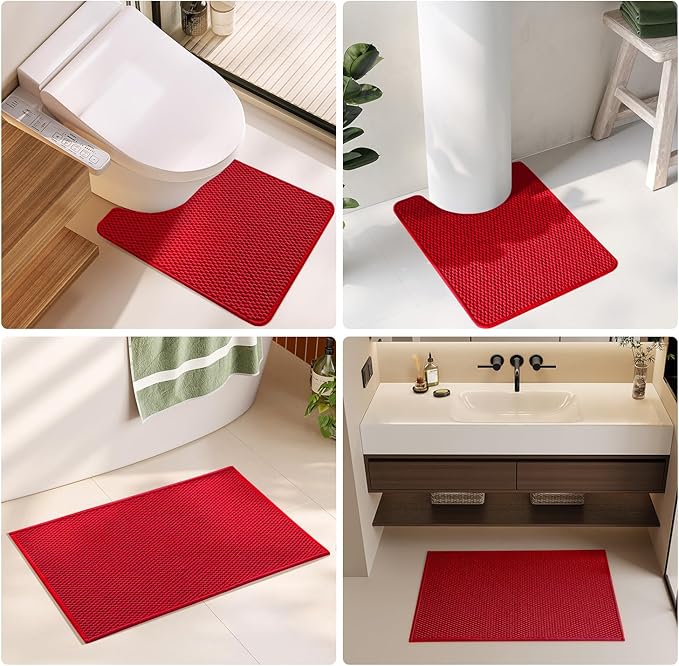 TYUU Christmas Bathroom Rugs Non Slip Washable, Super Absorbent Thin Bath Mat Small Quick Dry Low Pile Bathroom Rug, Red 16"x24"
