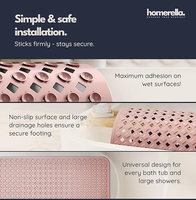 Bathtub Mat Non Slip 35x16 - homerella® Bath Mat Incl. Hooks for Drying, Extra Long, 100% BPA Free, Shower Mat Non Slip Anti Mold, Machine Washable, Shower Mats for Inside Shower Mildew Resistant