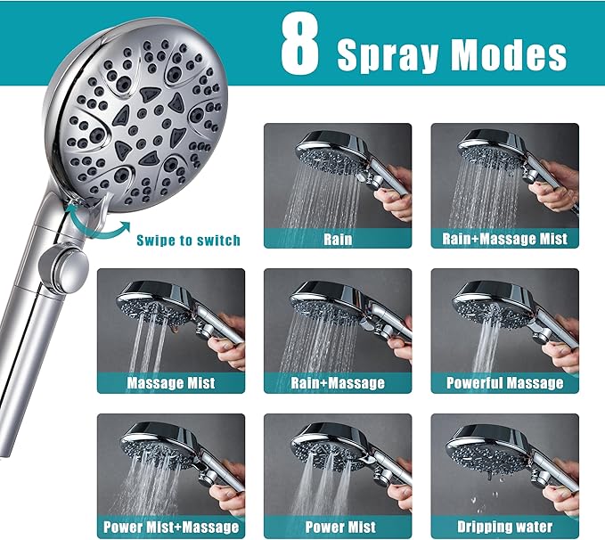 GwernKB Rain Shower Heads with Handheld Spray Combo,Fixed Showerhead&8-Mode Handheld Shower Head with 79 Inches Extra-long Stainless Steel Hose and Low-Reach Adhesive Wall Mount for Elderly