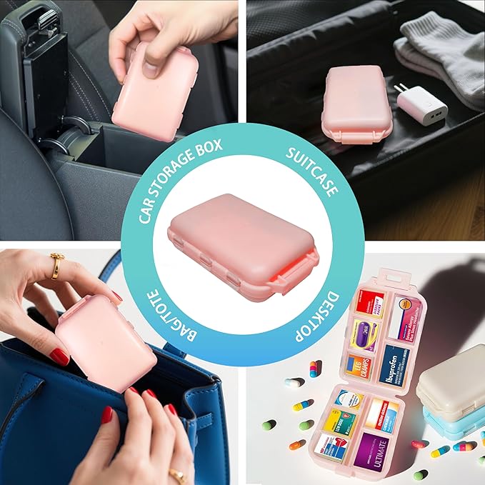 Pill Organizer with Medicine Labels 146 Labels Travel Daily Pill Container Mini Medication Organizer Storage Travel Essentials Pill Case 7 Day Pill Organizer (Beige+Pink+Grey, 3 Packs)