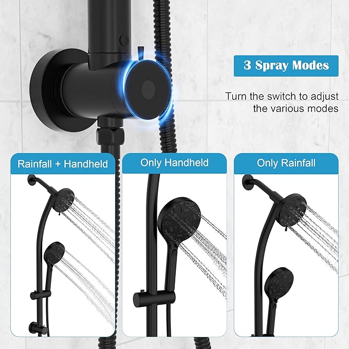 Lordear Black Shower Head Combo,8 Settings High Pressure Double Shower Head Bathroom Dual Shower Head with Handheld Ajustable Sliding Bar, Adjustable Height