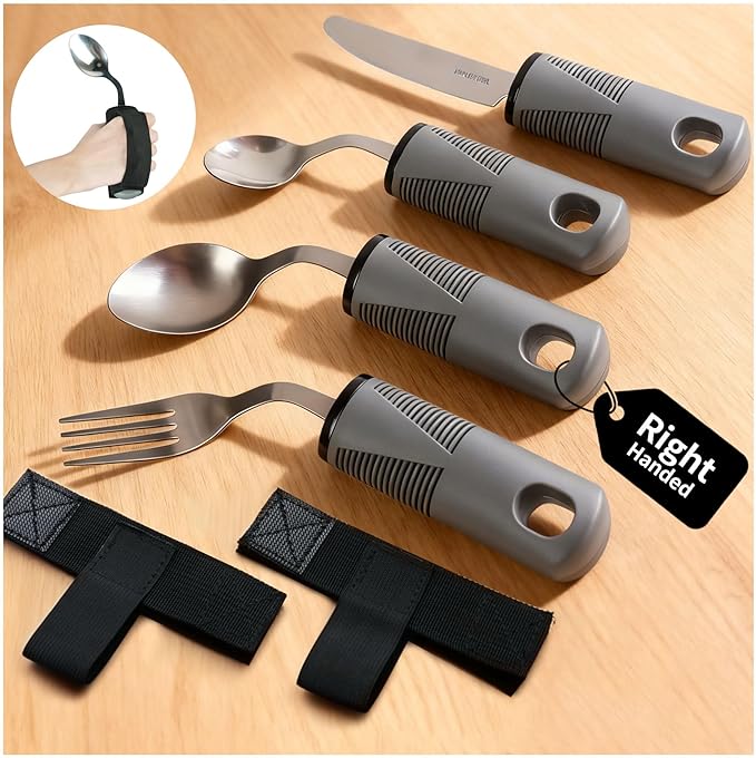 Adaptive Utensils Set, 4-Piece Weighted Utensils with 2 Elastic Strap for Parkinson’s, Arthritis and Hand Tremors, Non-Slip Handles for Easy Grip & Independence, Right Handed
