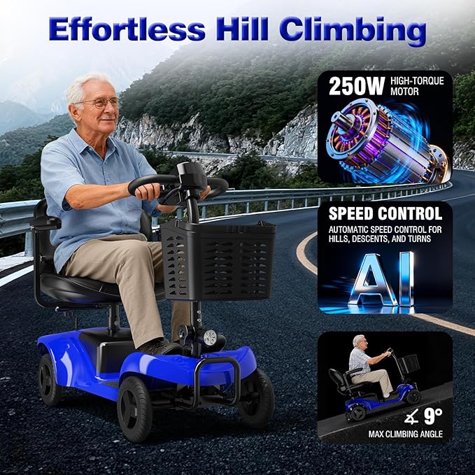 Mobility Scooter for Adults,4 Wheel Mobility Scooter,28 Miles Range,300LBS Capacity,Lightweight and Portable,with LED Headlights and Basket,Charger Included,Gifts Suitable for Elders,Blue