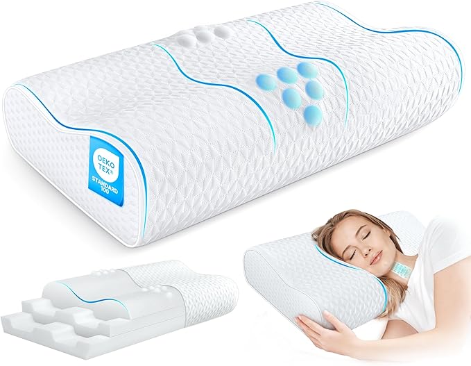 Cervical Neck Pillow for Pain Relief- Queen Size Adjustable Cooling Pillow for Sleeping, Memory Foam Pillows for Neck Shoulder, Ergonomic Contour Bed Pillow for Side, Stomach & Back Sleepers