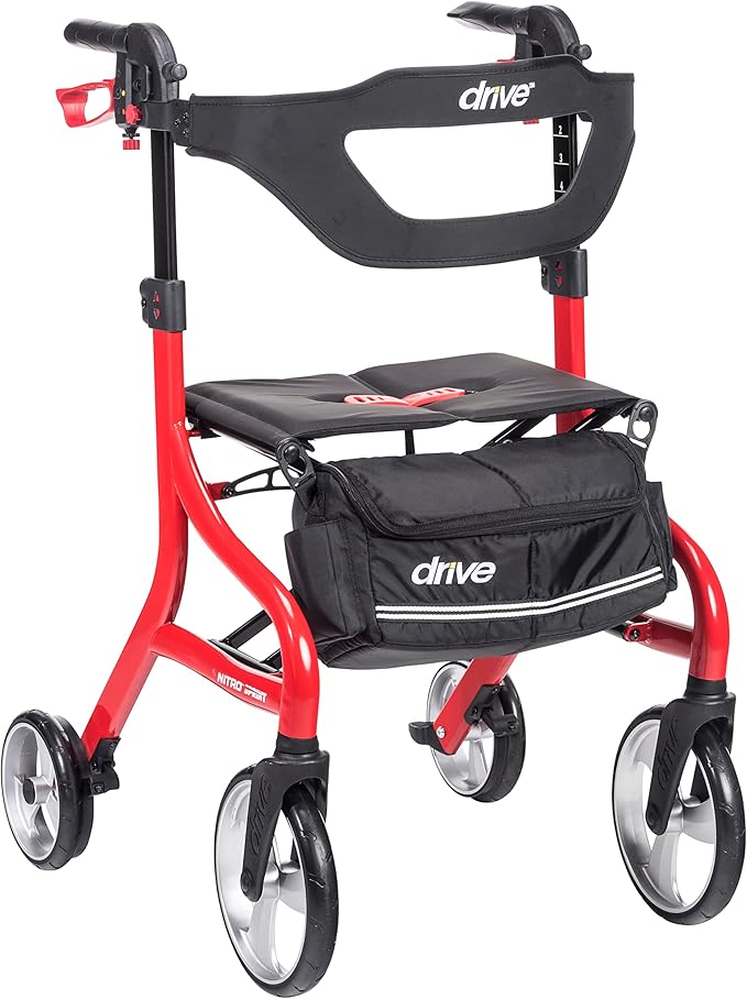 Drive Medical Nitro Sprint Foldable Rollator Walker with Seat - Lightweight Support - Large Wheels - Compact Folding Design - Adjustable Comfort - Tall Size - Red