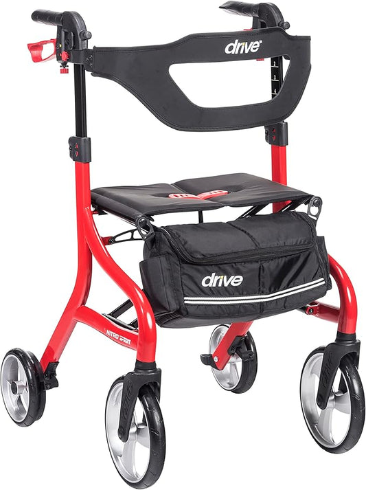 Drive Medical Nitro Sprint Foldable Rollator Walker with Seat - Lightweight Support - Large Wheels - Compact Folding Design - Adjustable Comfort - Tall Size - Red