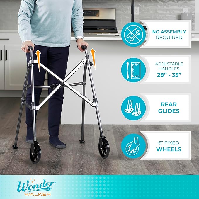 Stander Space Saver Walker Short, Lightweight Folding Rolling Mobility Aid for Juniors & Petite Adults, Compact 2-Wheel Disability Device with 6-inch Wheels & Rear Ski Glides, Cobalt Blue