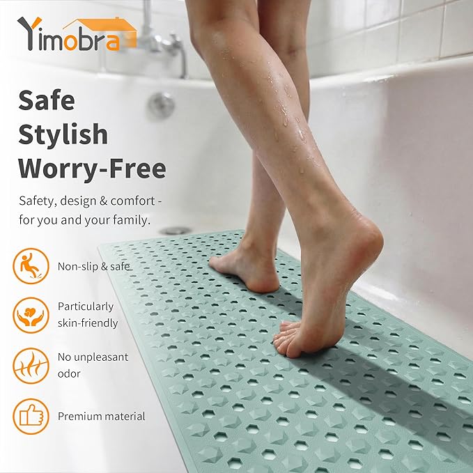 Yimobra Bath Tub Mat Non Slip, 34.5"x15.5" Long Shower Mat, Machine Washable Bathmat with Drain Holes and Suction Cups, Soft on Feet, Bathroom Essentials, Light Green