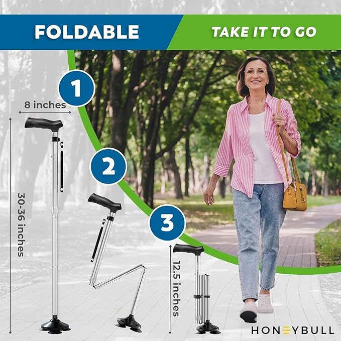 HONEYBULL Walking Cane for Men & Women Foldable, Adjustable, Heavy Duty, Free Standing, All Terrain, Collapsible Walking Sticks for Seniors & Adults