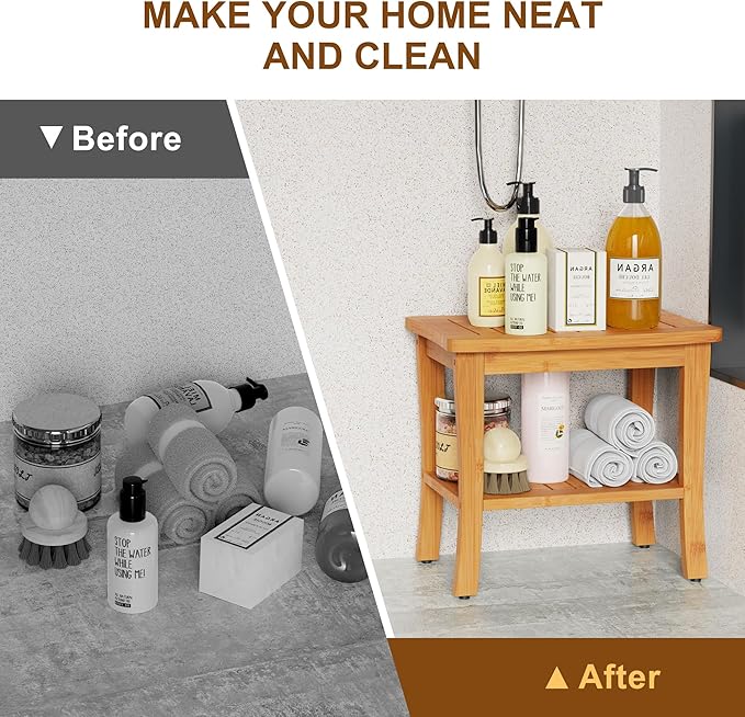 Large Bamboo Shower Bench Stool with Storage Shelf Waterproof Shower Chair Spa Bath Seat Shower Stool for Inside Shower Bathroom Bench Seat for Adults Elderly Seniors Bathroom Gadget 2024