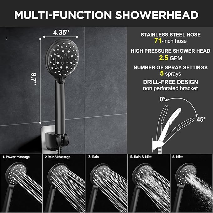 Veken 11.8" Rain Shower Head with Handheld, Family's Choice Award, High Pressure Handheld Shower Heads with Multi Spray Modes, Rainfall Combo with Extension Arm,Detachable Dual Shower, Matte Black