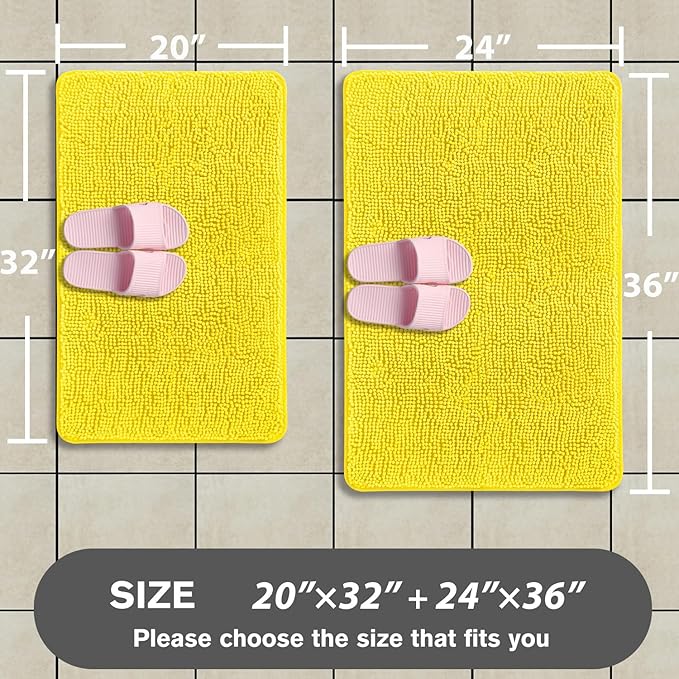 Yellow Bathroom Rugs Sets 2 Piece – Absorbent and Washable Bath Mat, Non-Slip, Thick Soft Chenille Bath Rugs for Bathroom Floor, Shower, Sink - 20" x 32"+24" x 36"