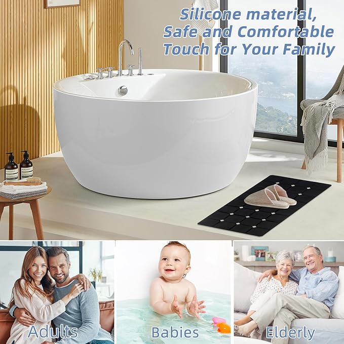 Bathtub Mat 15" x 28" – Non-Slip Foldable Tub Mat with Strong Suction Cups & Large Drain Holes, Durable & Eco-Friendly, for Smooth Surfaces, Ideal for Seniors, Adults, Black