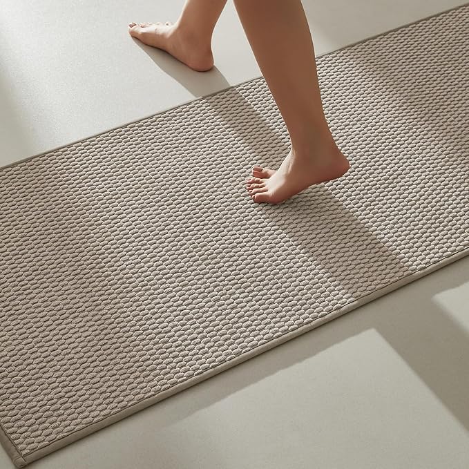 TYUU Bathroom Runner Rugs, Long Bath Mat Runner Washable Thin Quick Dry Low Pile Bathroom Runner Rugs Non Slip, Beige 16"x60"