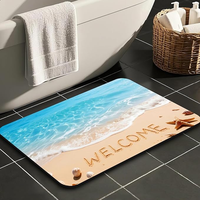 Quick Dry Bath Mat for Bathroom,Super Absorbent Beach Welcome Bath Rug Non-Slip Rubber Backing,Machine Washable Bathroom Floor Mat for Shower, Tub, Sink Area Ocean Blue 16x24