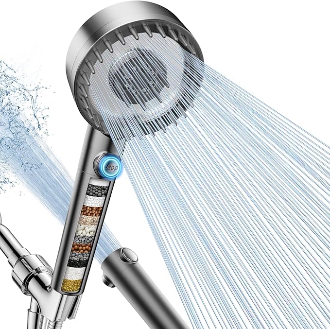 PWERAN Filtered Shower Head with Handheld, High Pressure 4 Spray Mode Showerhead with Filters, Water Softener Filter Beads for Hard Water with ON/OFF Switch for Pets - Remove Chlorine (Gray)