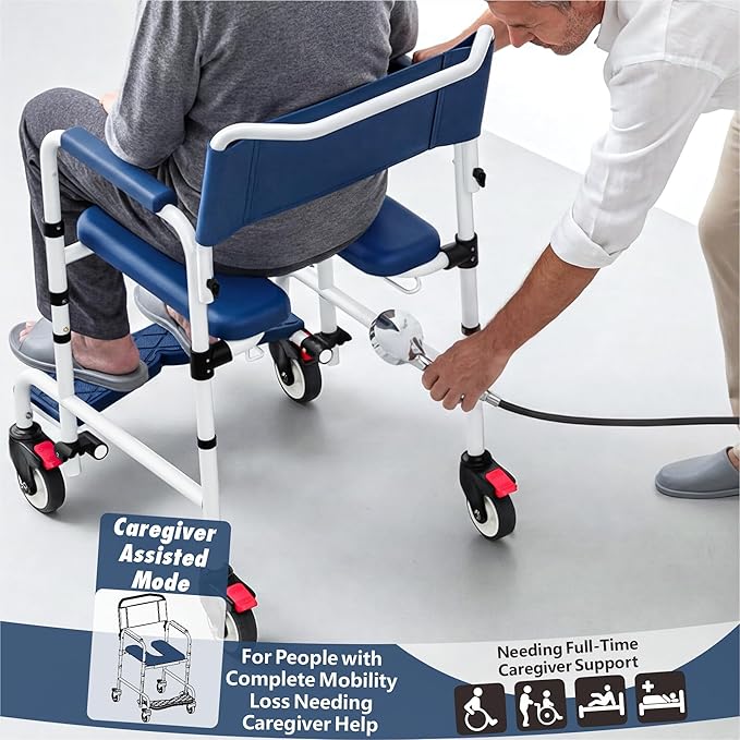 Shower Chair with Wheels, Two Modes Bedside Commode with Wheels, Aluminum Shower Wheelchair with Footrest, Portable Toilet with Bucket for Elderly and Disabled, 300 LBS Weight Capacity