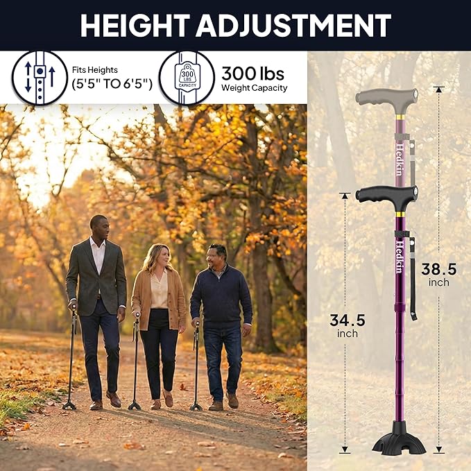 Walking Cane with LED Light, Foldable,Adjustable, Self Standing Walking Canes for Men & Women,Walking Sticks with Quad Base for Seniors & Adults