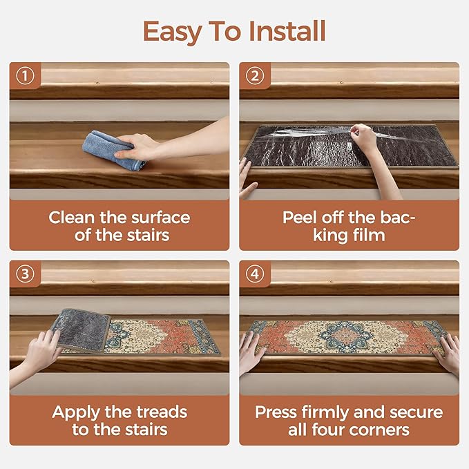 sarben Non Slip Stair Treads for Wooden Steps 15PCS - 8"x30" Indoor Safety Carpet, Edging Mats with TPE Adhesive Backing, Pet and Elderly Friendly Stair Rugs (Red)