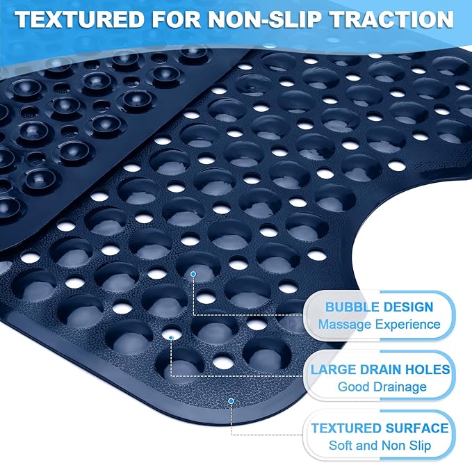 Linoows Bathtub and Shower Mats, 40x16 Inch Extra Large Non Slip Soft Bath Tub Mat with Suction Cups and Drain Holes for Bathroom Floor and Keep Tubs Clean, Machine Washable, Navy Blue
