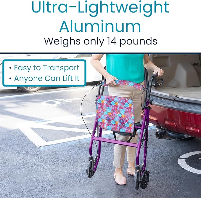 Vive Ultra Lightweight Rollator Walker with Seat - Foldable, Narrow, Rolling Senior Walker for Small Spaces - 4 Wheel Aluminum Adult Easy Drive Aid with Underseat Accessory