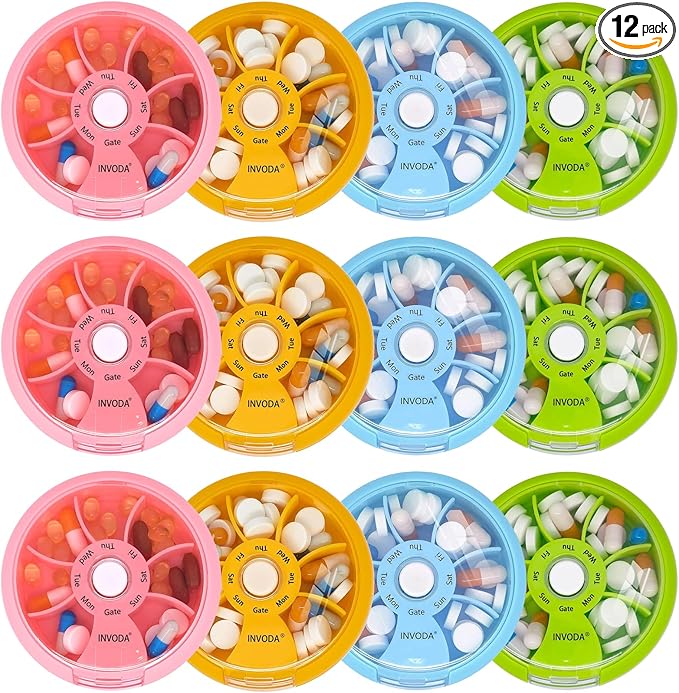 12PCS INVODA Weekly Pill Organizer 7 Compartment Rotating Pill Box for Daily Medication & Vitamins - Portable Travel Pill Case Fish Oil Supplements Vitamins Organizer