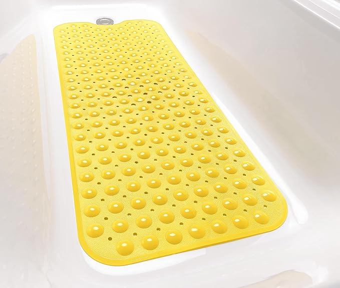 Extra-Long Non-Slip Bathtub & Shower Mat 39”x16” (Smooth/Non-Textured Tubs Only) Safe, Clean, Machine-Washable, Superior Grip&Drainage, Vinyl, Opaque Yellow