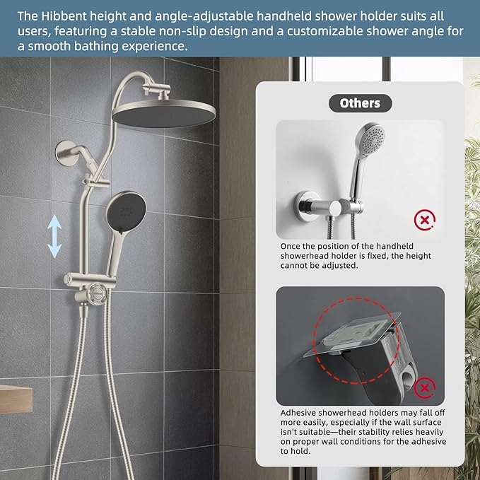 Hibbent cUPC Certified Self-cleaning Shower Head Combo, High Pressure 10'' Rain Showerhead with 3-Spray Handheld, All Metal Arm with Easy Reach 4-way Diverter, 71" Hose & Holder, Brushed Nickel