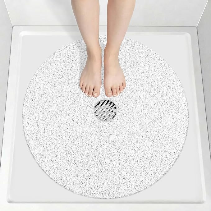 Non Slip Shower Mat: 32x32 inch Round Shower Mats for Inside Shower with Central Drain Hole, Soft Loofah Shower Floor Mat for Standing Shower Stall, RV, Tile Fiberglass Shower Pan, Quick Dry