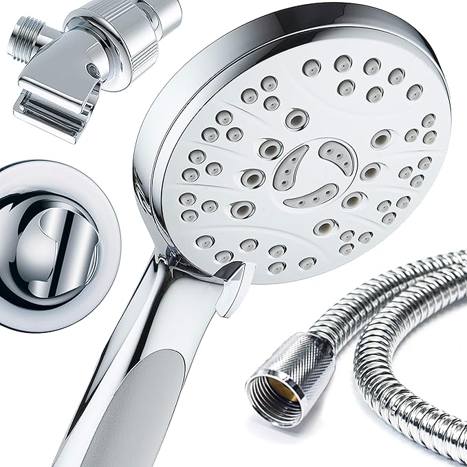 for California - High Pressure 6-setting Luxury Handheld Showerhead, Extra Long 6 Ft Stainless Steel Hose, Anti Clog Jets, Anti Slip Grip, Top US Brand, Extra Wall Bracket - Chrome Finish