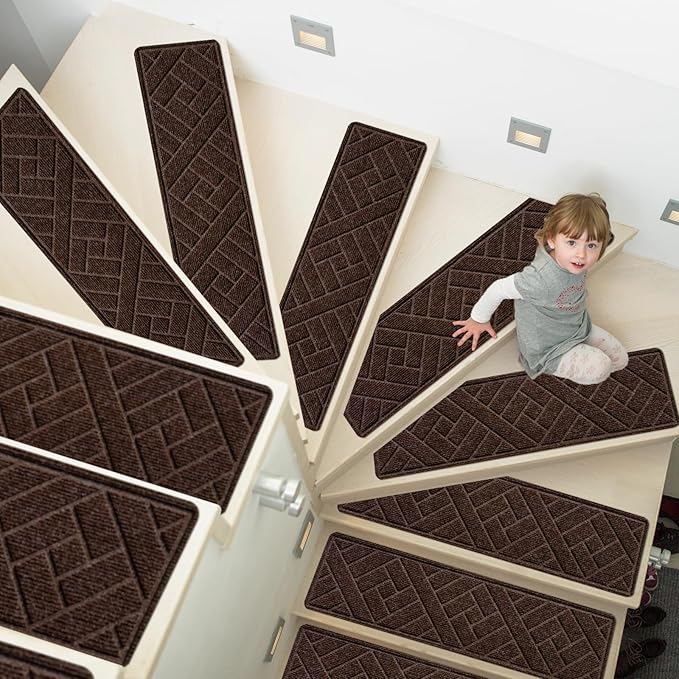 15 Pack 8 "X 30" Non-Slip Carpet Stair Treads for Indoor Wooden Steps, Made of Polyester and Reusable Adhesive, Suitable for Kids Elders and Pets（Brown Lines）