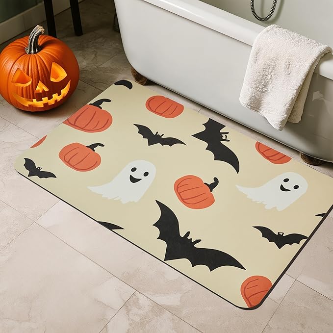 TYUU Halloween Bath Mat, Thin Bathroom Rug Non Slip Quick Dry Pumpkin Bath Mat Fits Under Door Thin Floor Mat Halloween Decor, 24''x36'', Pumpkins Bats and Ghost
