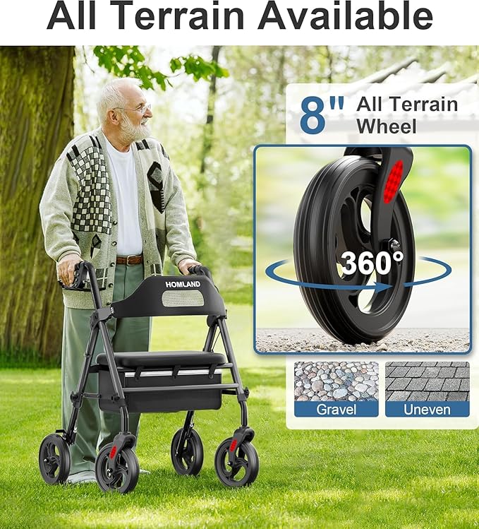 HOMLAND Foldable Rollator Walkers with Seat for Seniors, 8'' Big Wheels, 350 lb. Weight Capacity, Adjustable Handles and Seat Height, Lightweight Rolling Walker, Black