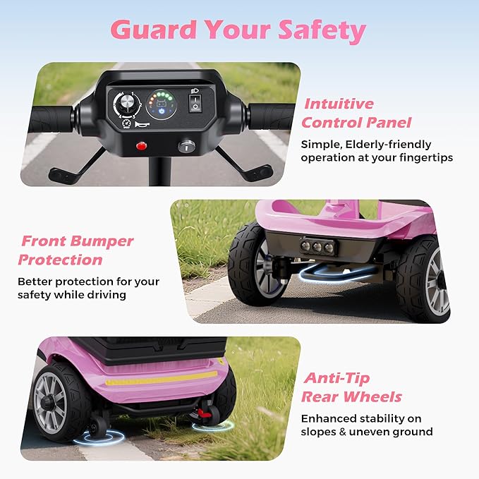 Mobility Scooter for Adults & Seniors with Removable Spare Battery - 24.8 Miles Total Range, Cruise & Airport Approved, Foldable Motorized Scooters with Dual Basket, Phone & Cup Holder, Pink