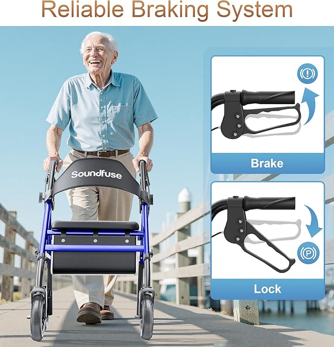 SOUNDFUSE Rollator Walkers for Seniors with Seat, Foldable Lightweight Rolling Walker with 8" Big PU Wheels, Ergonomic Seat, Dual Height Adjustment