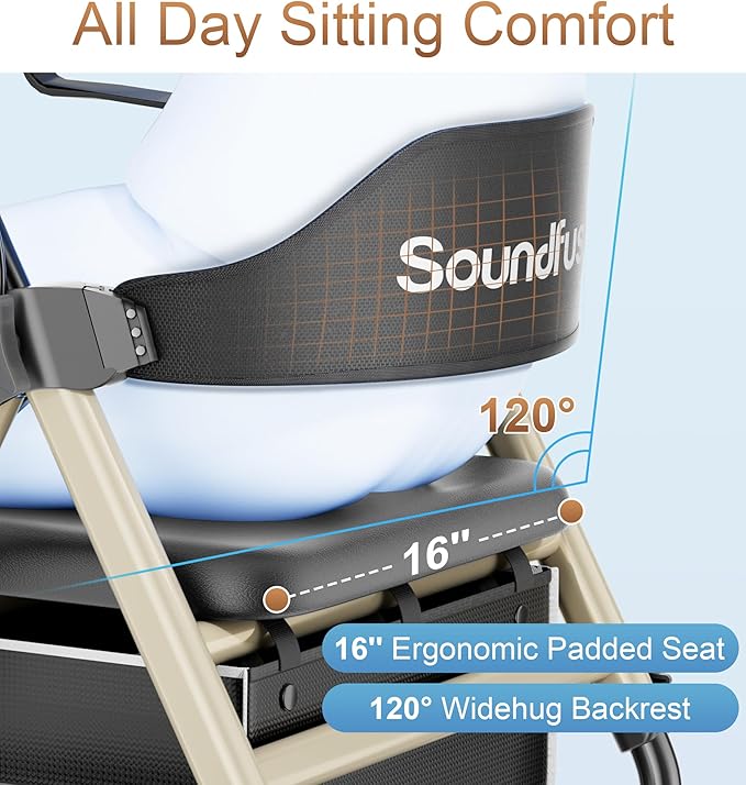SOUNDFUSE Rollator Walkers for Seniors with Seat, Foldable Lightweight Rolling Walker with 8" Big PU Wheels, Ergonomic Seat, Dual Height Adjustment