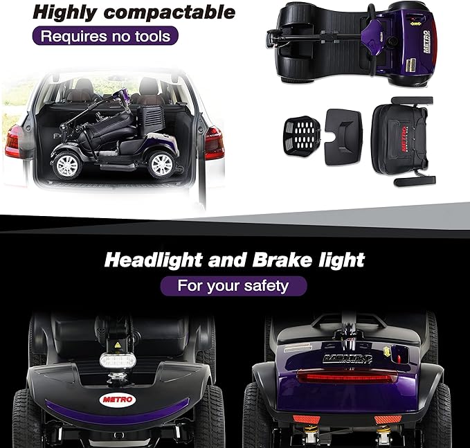 Metro Mobility 4 Wheel Folding Mobility Scooters for Seniors - 300 lbs Capacity Electric Scooter with Seat for Adults, Travel - Front & Rear LED Light - Purple