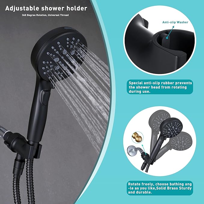 GwernKB Handheld Shower Head with on off Switch&Built-in Power Spray,7-Setting High Pressure Spray Shower Wand with 79in Long Hose&Bracket and Extra Adhesive Shower Holder for Lower Mount,Black