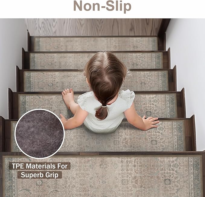 sarben Carpet Stair Treads Non Slip 15PCS, 8" X 30" Edging Stair Runner for Wooden Steps Indoor, Resistant Stair Rug with Reusable TPE Adhesive Backing, Residue Free Mat for Elders, Pets, Cameo